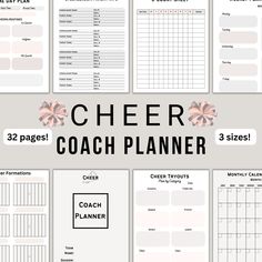 the printable cheer coach planner is on display in front of a gray background with pink and