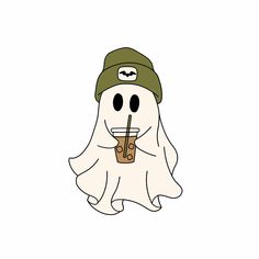 a ghost with a drink in its hand and wearing a hat on it's head