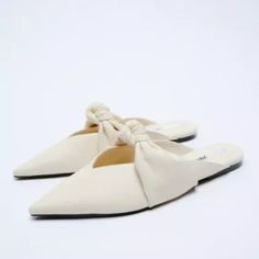 New Zara Mules With Knot Pointy Toe Knotted Bow Flats Shoes Us 37 Nwt White Flat Pointed Toe Flats For Spring, White Pointed Toe Flats For Spring, White Pointed Toe Flats For Summer, Cream Pointed Toe Flats For Summer, Cream Pointed Toe Flats For Spring, Chic White Slip-on Pointed Toe Flats, Beige Pointed Toe Slip-on Flats For Summer, Beige Slip-on Pointed Toe Flats For Summer, Beige Closed Toe Pointed Flats For Summer