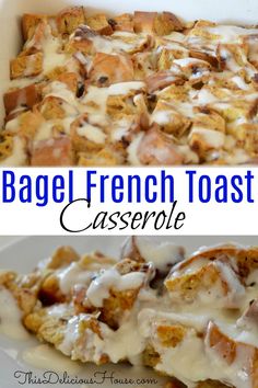 an ovened french toast bagel casserole on a white plate with the title overlay