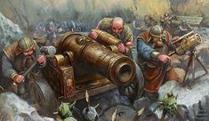 a painting of men with large metal objects in the middle of a battle, one man is looking through a telescope