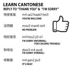 the instructions for how to say i'm sorry in english and chinese, with an image of a thumbs up