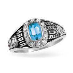 Go all out with the ArtCarved Minuet Prestige High School Class Ring. Choose between cubic zirconia or diamond accent stones to surround your center stone. Personalize each side with artwork from our assortment and add text personalization or year dates. Available in siladium, eclipse siladium, silver select, argentium, 10K and 14K white and yellow gold and 18K yellow gold. Class Rings High School, Jewelry Education, High School Classes, School Class, Diamond Guide, Add Text, Charm Bangle, Bracelet Collection, March Birth Stone