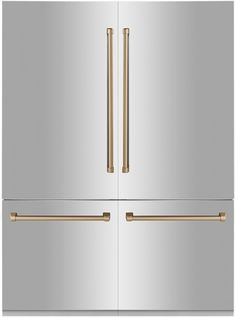 a stainless steel refrigerator with gold handles and two bars on the door, in front of a white background