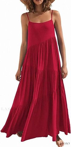 Lasaky - Loose-Fit Solid Color Irregular Pleated Maxi Dress with Spaghetti Straps Long Dresses Elegant, Womens Long Dresses, Cami Maxi Dress, Sleeveless Long Dress, Tank Top Dress, Spaghetti Strap Dress, Pleated Maxi Dress, Pleated Maxi, Daily Dress