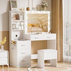 a white vanity with lights on it in a room next to a bed and dresser