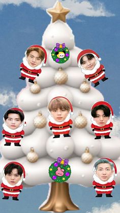 an animated christmas tree with many different faces on it's top and bottom half