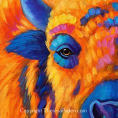 an oil painting of a yellow cow with blue eyes