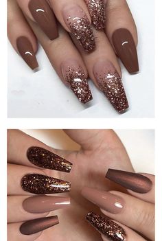 Bronze Nails Designs, Gold Acrylic Nails, Fall Gel Nails, Pretty Nail Art Designs, Nail Designs Glitter, Coffin Nails Designs