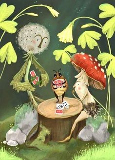 a painting of two mushrooms playing cards on a stump in the woods with dandelions