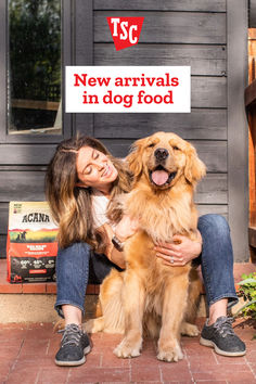 Image picturing a woman and her golden retriever sitting on a porch while bags of dog food from Tractor Supply frame the background Dry Dog Food, Perfect Food, Dog Food, Tractor, New Recipes, Dog Food Recipes, New Look