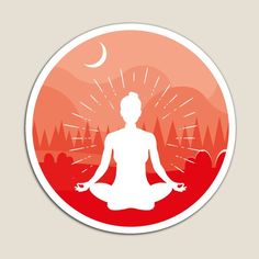 a person sitting in the middle of a lotus pose with trees and mountains behind them