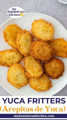 some fried food on a white plate with the words yuca fritters are in spanish