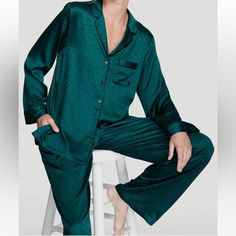 Now Entering Sleep Mode. Wind Down In This Satin Pant And Matching Long-Sleeve Top With A Chest Pocket, Notch Collar, And Decorative Piping. Brand New With Tags Size Double Extra Large. * Includes Top And Bottom * Easy Fit * Long-Sleeve, Button-Front Top Hits Below Hips * Chest Pocket With Embroidered Logo * Pants With Drawstring Waist Emerald Silk Pajamas, Sleep Lingerie, Satin Pant, Satin Pjs, Satin Pj Set, Logo Pants, Pink Seersucker, Lingerie Catalog, Victoria Secret Pajamas