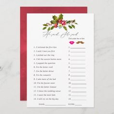 a printable wedding game with holly and red flowers on the front, which reads first and second names