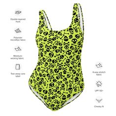 Dive into a rebellious summer with Goth Cloth Co.'s Lime Skull One-Piece Swimsuit. Featuring a daring pattern of skull and crossbones on a lime green background, this swimsuit blends gothic elegance and punk rock flair, perfect for beach and poolside adventures. Key Features: Chlorine-resistant fabric: Made from 82% polyester and 18% spandex for durability. Cheeky fit: With a scoop neckline and low scoop back for a flattering look. Zig-zag stitching: For added durability and style. Double-layer front: For support and comfort. Four-way stretch: Ensuring the fabric stretches and recovers both crosswise and lengthwise. UPF 50+: Providing maximum sun protection. This swimsuit is made to order, ensuring a thoughtful and sustainable approach to fashion. Order now for a darkly chic summer look! P Green Rave Swimwear, Fitted Halloween Swimwear For Pool, Fitted Neon Yellow One-piece Swimwear, Neon Yellow One-piece Swimwear For Swimming, Neon Yellow One-piece Beach Swimwear, Lime Green Background, Gothic Elegance, Boxy Tee, Summer Swim Suits