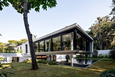 the house is surrounded by greenery and has large windows on each side that let in plenty of natural light