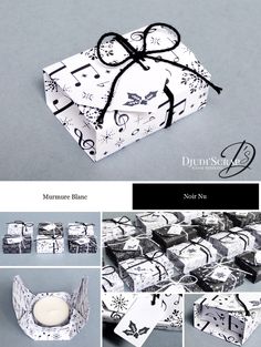 the packaging is wrapped in black and white wrapping paper with a bow on it, surrounded by