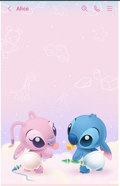 two cartoon characters standing next to each other on a pink background with stars and clouds