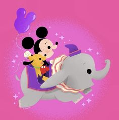 mickey mouse riding an elephant with other characters on it's back in front of a pink background