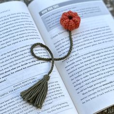 an open book with a tassel on top of it next to a crocheted heart