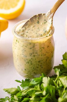 an easy lemon herb tahini sauce in a jar