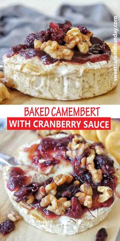 baked camemberi with cranberry sauce and nuts