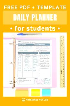 the free printable daily planner for students with text overlay that reads,'free edit