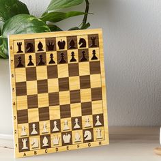 a wooden chess board with pieces on it