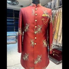 royal red floral design Indowestern sherwani. Whatsapp 91-8888328116 or mail at ethnicdia@gmail.com for inquiry. Wedding Outfits Indian, Indian Bridal Lehenga, South Indian Weddings