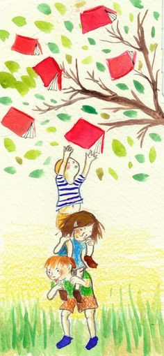 a drawing of two children under a tree with books falling from the trees above them