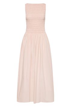 A summer-inspired sleeveless midi dress with a high cut neckline and a shirred bodice. It then falls into a soft A-line skirt that is gathered at the waist. Designed from 100% organic cotton in a blush pink, it is effortless in style and wearability. Style with a simple sandal for everyday wear. This style is true to size. Please note the shirred bodice does offer additional stretch around the upper body. Blush Midi Dress, Simple Sandals, Sleeveless Midi Dress, Midi Dress Sleeveless, Sleeveless Maxi Dress, High Cut, High Neckline, A Line Skirt, Upper Body