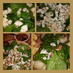 four different pictures of spinach salad with cheese and nuts on top, including spinach leaves