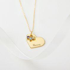 "★ PERSONALIZED HEART NECKLACE WITH BIRTHSTONES * Material: High Quality Solid 925 Sterling Silver * Dimensions: 15/16\"x3/4\"(23x18mm) * Finishing: Silver, Gold or Rose Gold. * Up to 6 stones * By default, silver items comes with BLACK engraving and gold-plated item comes with CLEAR engraving. * Product is safe for sensitive skin * All of our jewelry are handmade from scratch and packaged with care in our workshop ★ HOW TO ORDER & ADD PERSONALIZATION * Select your preferred color, number of engraving sides and necklace length from the menu. * Add item to cart and check out. Include in the \"Note to Seller\" box at checkout the name and birthstones you want * If you forget leave such note during check out, you can send us a message with your instructions by clicking \"Contact Shop Owner\" Heart-shaped Hallmark Name Necklace For Birthday, Personalized Heart Pendant Charm Necklace With Birthstone, Personalized Birthstone Charm Necklace With Heart Pendant, Birthstone Charm Necklace With Heart Pendant, Mother's Day Necklace With Heart Beads And Pendant, Heart Pendant Necklaces With Heart Beads For Mother's Day, Heart Beads Necklace With Heart Pendant For Mother's Day, Heart Charm Necklaces For Valentine's Day Birthday, Heart Charm Necklaces For Birthday On Valentine's Day