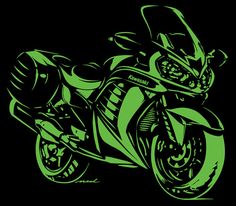 a drawing of a green motorcycle on a black background