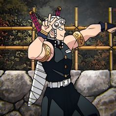 a cartoon character holding two swords in his hands and pointing to the side with one hand