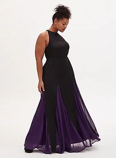 Disney The Little Mermaid Ursula Special Occasion Black & Purple Godet Gown , BLACK PURPLE Disney Ball Gown, The Little Mermaid Ursula, Ursula Costume, Chiffon Wrap Dress, Black And White Gown, Disney The Little Mermaid, Off Shoulder Gown, Plus Size Gowns, Gown Black