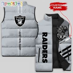 NFL Las Vegas Raiders Damn Right Sleeveless Down Jacket Introducing our Sleeveless Puffer Jacket, the perfect blend of warmth and style. Crafted with lightweight yet insulating materials, it offers comfort and versatility for transitional weather. The sleeveless design provides freedom of movement, while the puffer construction ensures maximum insulation without the bulk. Whether layered over a sweater or worn alone, this jacket adds a trendy edge to any outfit. Elevate your outerwear game wi... Fitted Sleeveless Functional Outerwear, Gray Sleeveless Vest For Outdoors, Gray Sleeveless Vest For Outdoor, Cold Weather Sleeveless Vest Outerwear, Sleeveless Puffer Vest For Cold Weather, Gray Sleeveless Vest Outerwear, White Sleeveless Outdoor Outerwear, Gray Sleeveless Fitted Outerwear, Sleeveless Fitted Gray Outerwear