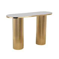 a gold and white console table with an oval glass top on the bottom, in front of a white background