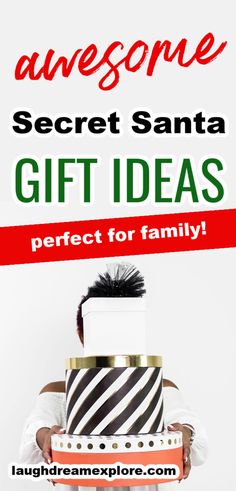 a man holding a present box with the words awesome secret santa gift ideas perfect for family