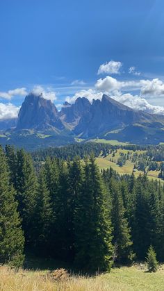 the mountains are covered with trees and grass in the foreground, under a blue sky filled with clouds