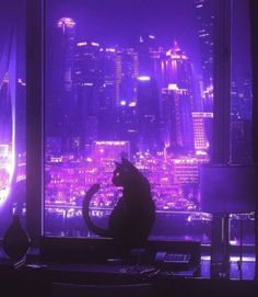 a cat sitting on top of a window sill in front of a cityscape