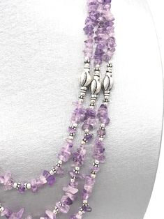 Three-strand Amethyst Beaded Necklace - Etsy Silver Beaded Gemstones For Jewelry Making, Bohemian Silver Amethyst Beaded Necklace, Spiritual Silver Amethyst Beaded Necklaces, Spiritual Silver Amethyst Beaded Necklace, Silver Beaded Amethyst Crystal Necklace, Amethyst Jewelry With Silver Round Beads, Silver Amethyst Necklace With Polished Beads, Silver Amethyst Beaded Crystal Necklace, Amethyst Jewelry With Silver Beads