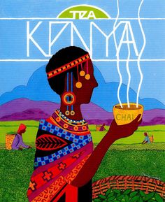 a painting of a woman holding a cup with steam coming out of her head and the words kenya above it