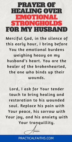 a prayer card with an image of the words, prayer over emotion and strength for my husband