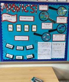 a classroom bulletin board with words and pictures on it that spell out phonics