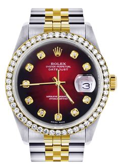 Gold Rolex Datejust  Watch | 36Mm | Red Dial | Jubilee Band Classic Red Watches With Date Display, Red Watch With Date Indicator And Round Dial, Luxury Red Watches With Date Indicator, Luxury Red Watch With Date Indicator, Red Formal Watch With Date Indicator, Formal Red Watch With Date Indicator, Custom Rolex, Rolex Blue, Rolex Datejust 36mm