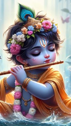 a painting of a boy playing flute in the water with flowers on his head and body