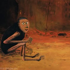 a painting of a monkey sitting on the ground with its legs crossed and eyes wide open