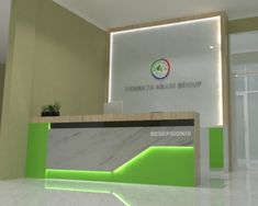 the reception desk is lit up with neon green lights and an illuminated sign above it